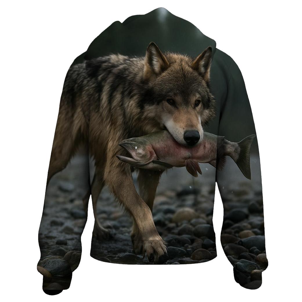 Taiga Wolf Carrying Salmon Along Gravel Bar graphic hoodies