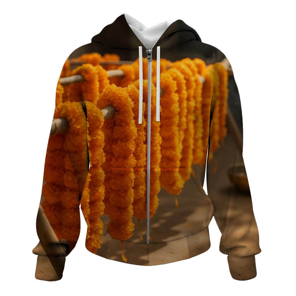 Turmeric Marigold Garland Drying On Bamboo Rack printed hoodies