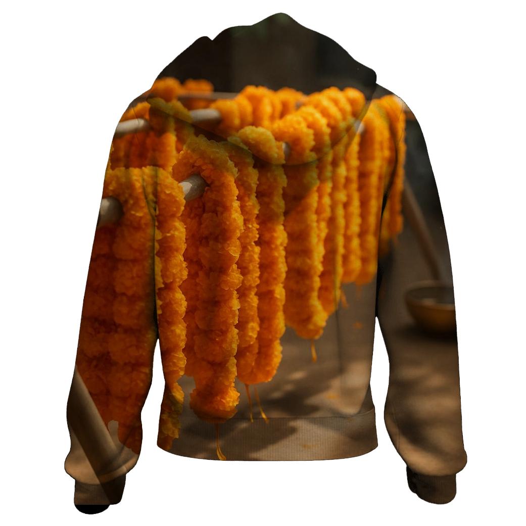 Turmeric Marigold Garland Drying On Bamboo Rack printed hoodies