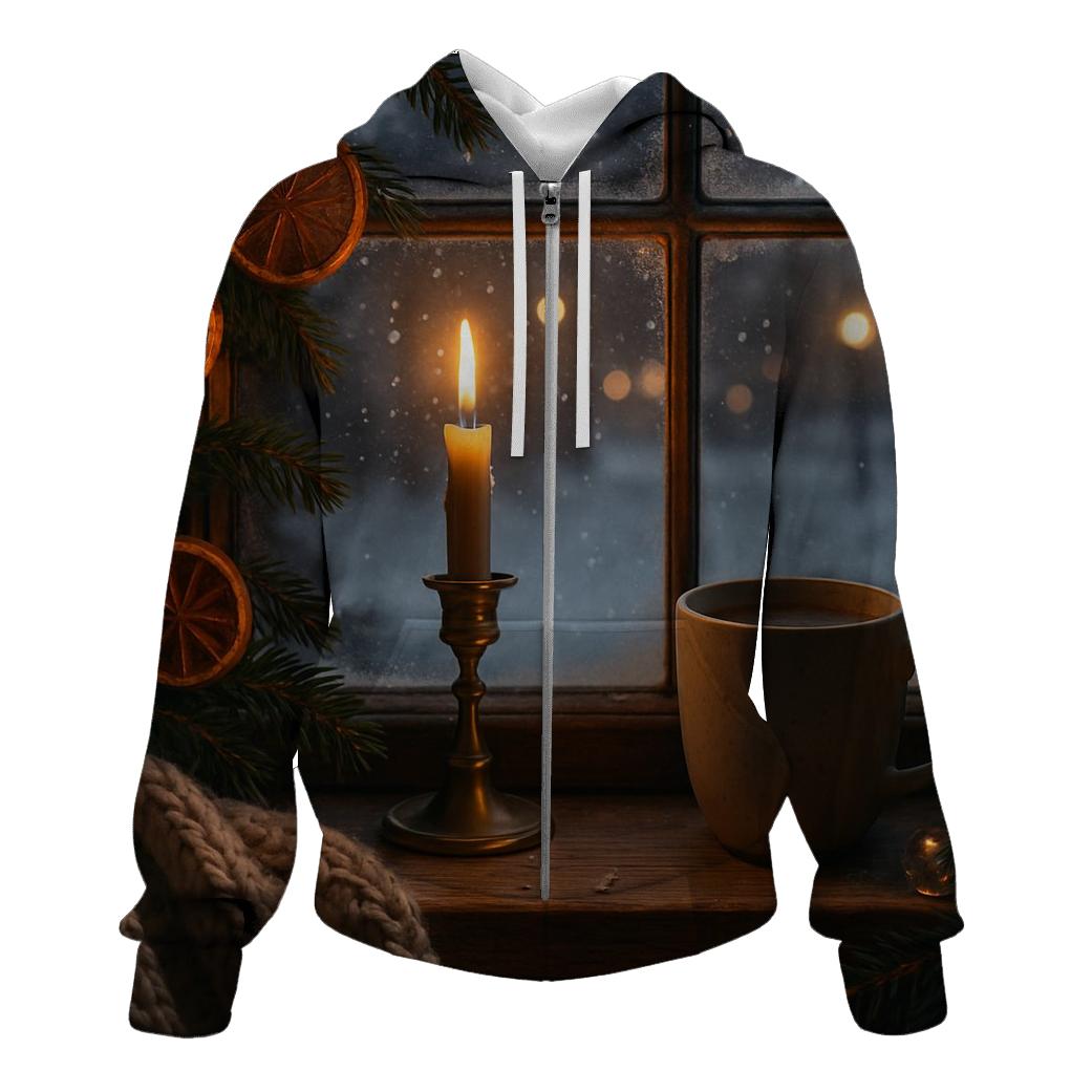 Candlelit Evergreen Window On Snowfall Night embroidered hoodies