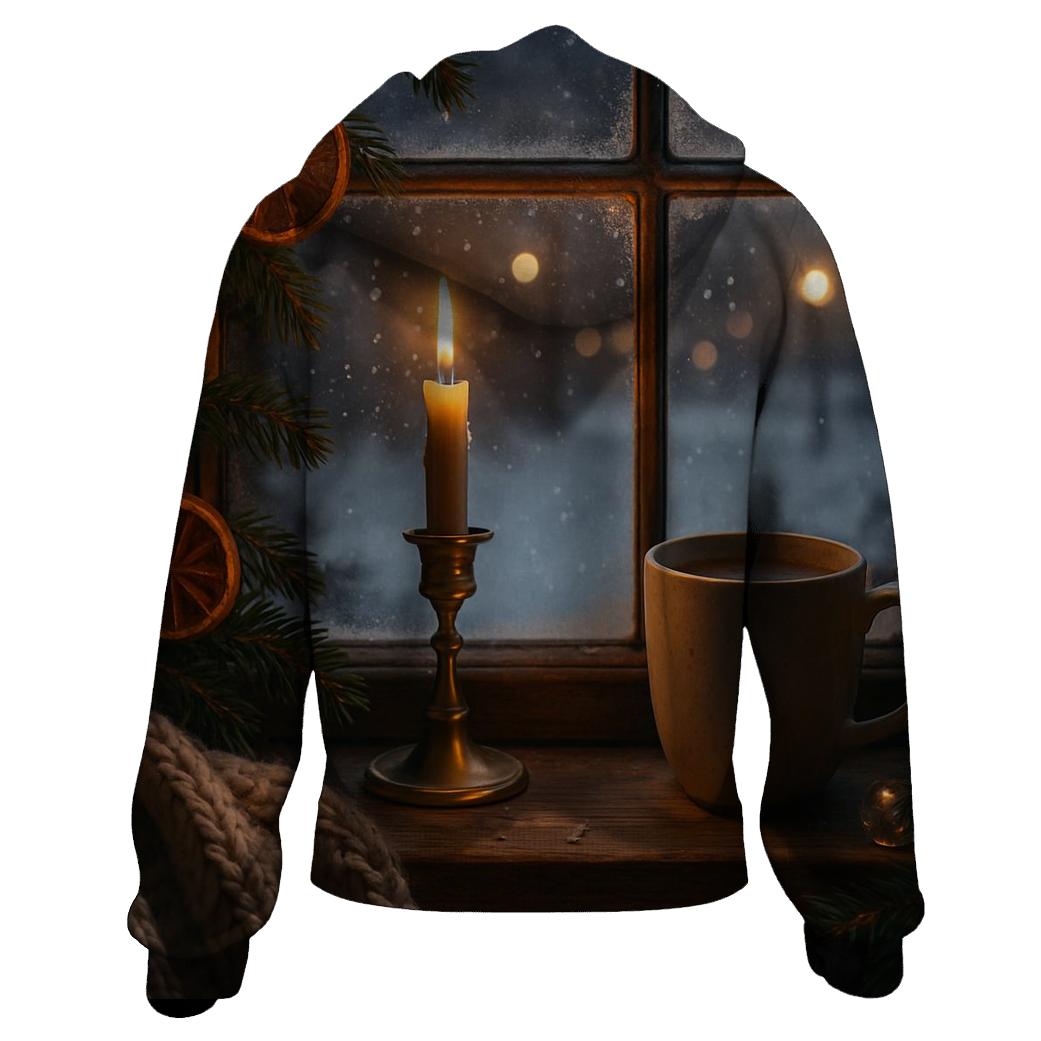 Candlelit Evergreen Window On Snowfall Night embroidered hoodies