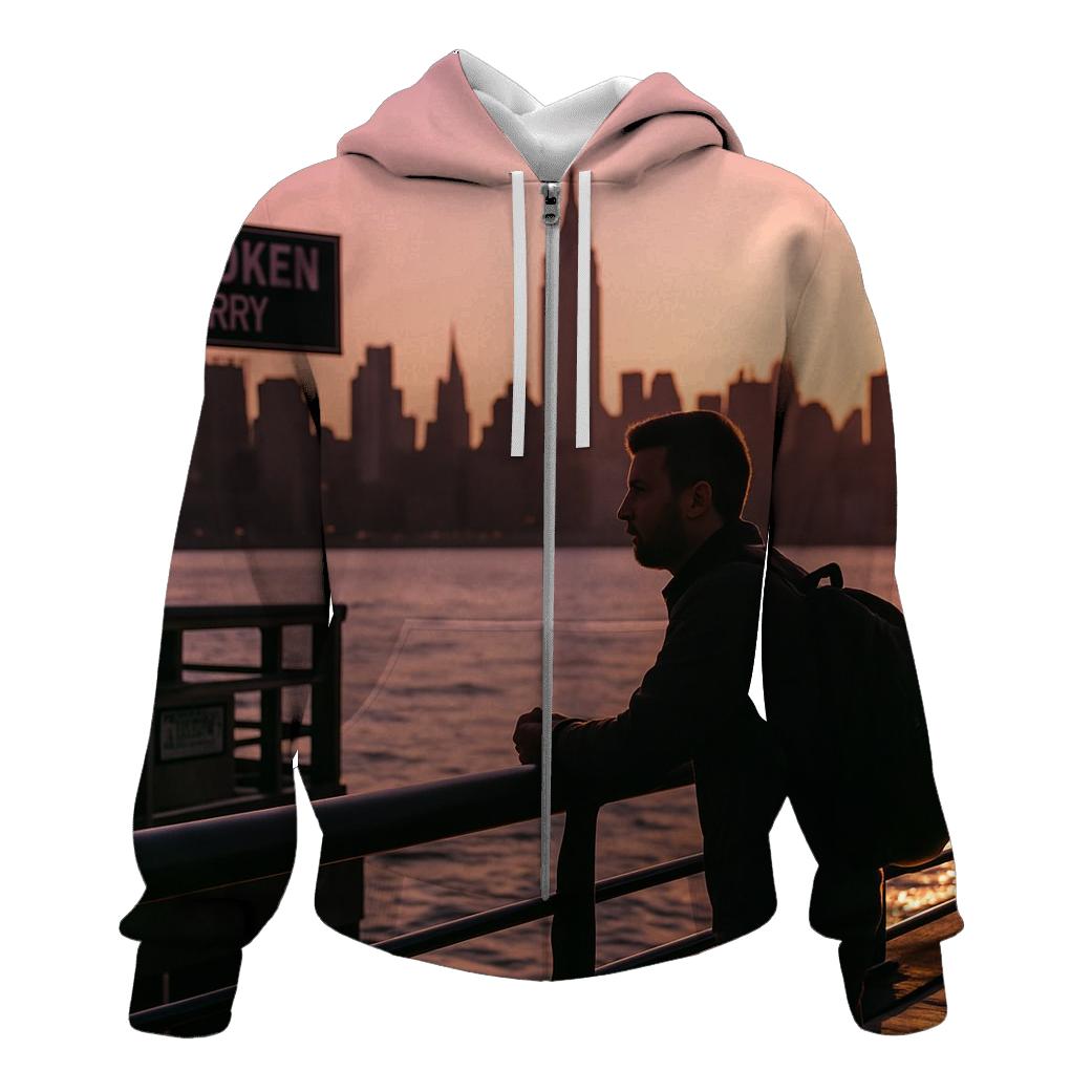Sunset Silhouette From Hoboken Pier With Commuter Pause lightweight hoodies