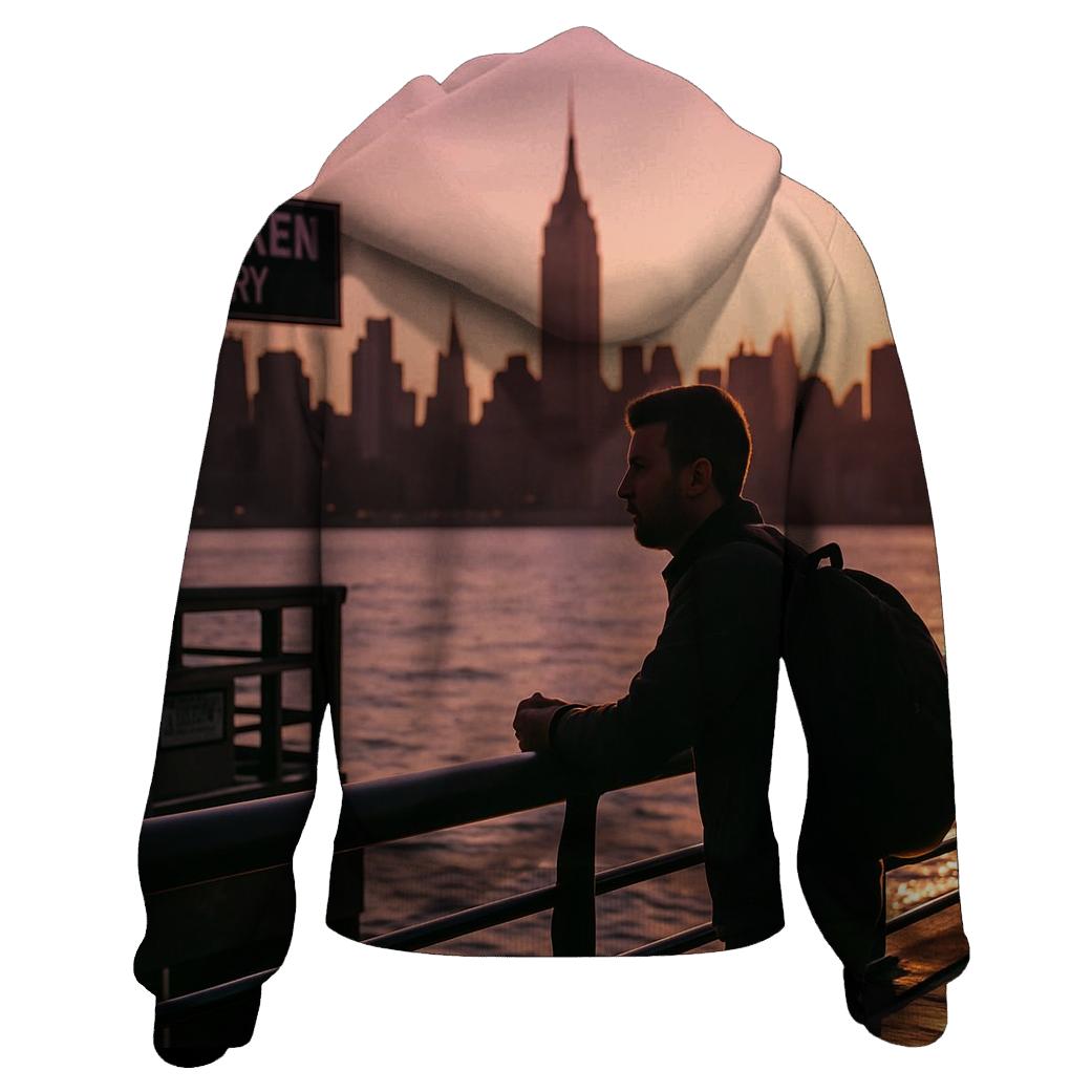 Sunset Silhouette From Hoboken Pier With Commuter Pause lightweight hoodies