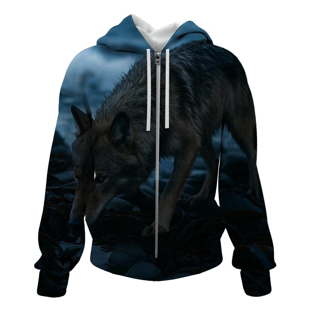 Coastal Wolf In Kelp Wrack At Low Tide pullover hoodies
