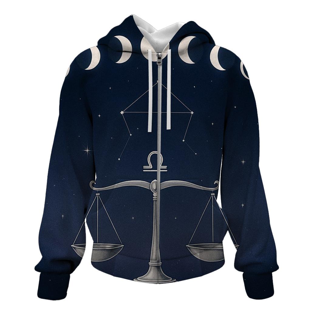 Libra Scales Under Moon Phase Arc premium hoodies