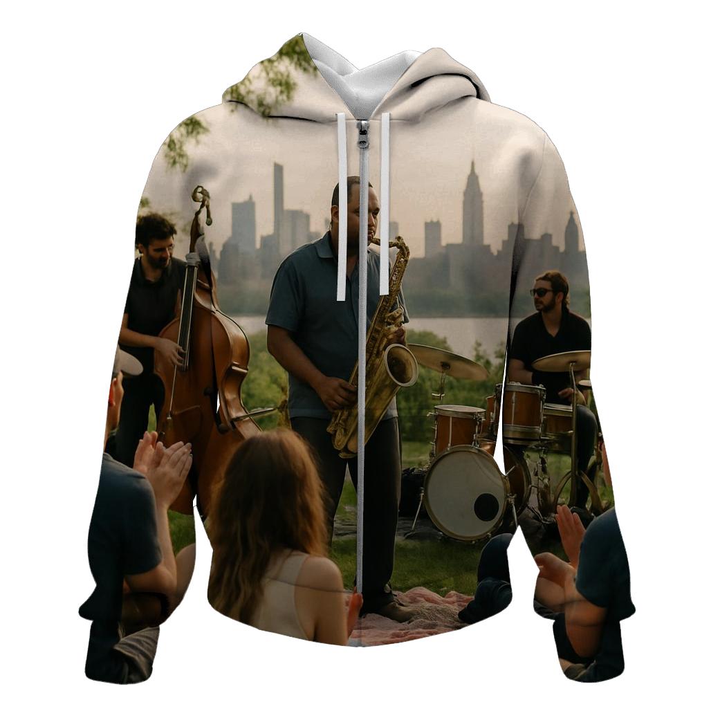 Jazz Festival Crowd With Skyline From Riverside Park South embroidered hoodies