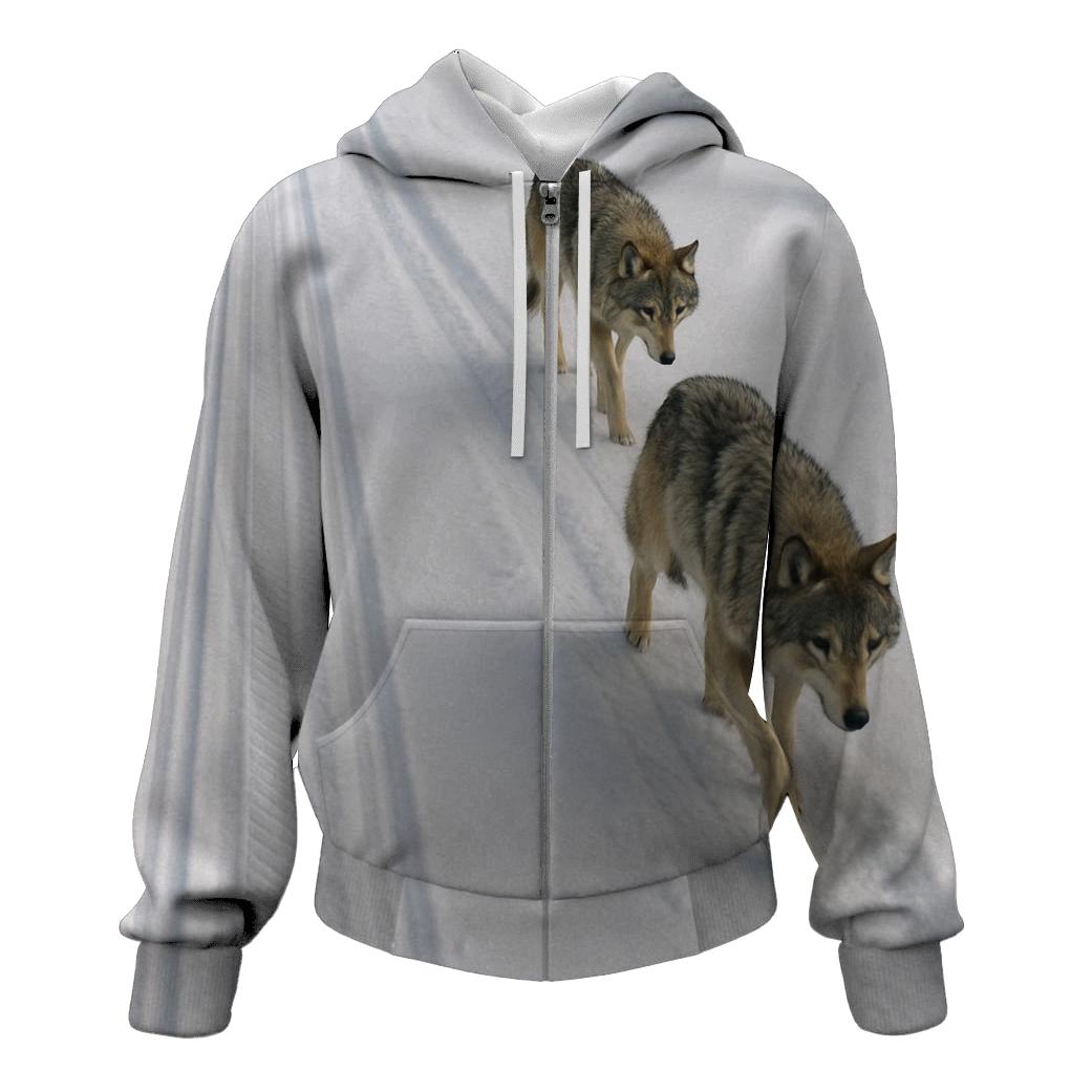 Winter Wolf Pack Trail Beside Ski Tracks embroidered hoodies