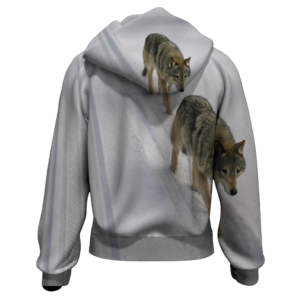 Winter Wolf Pack Trail Beside Ski Tracks embroidered hoodies