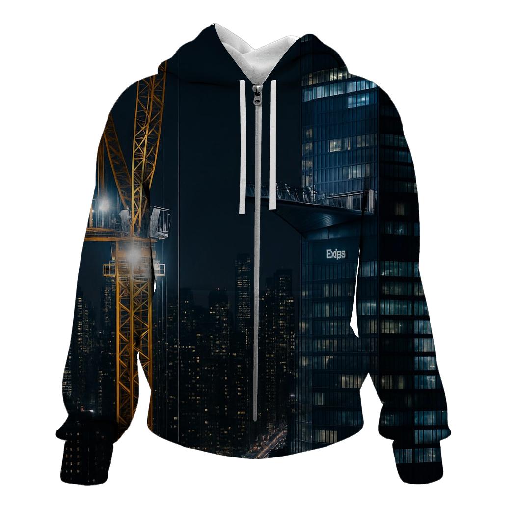 Night Construction Crane Above Hudson Yards Observation Deck zip-up hoodies