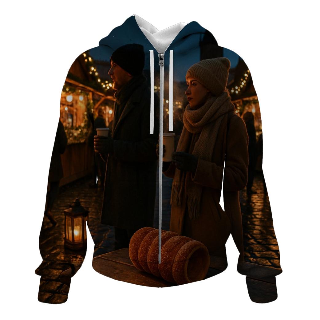 Christmas Market Lanterns On Wet Cobblestones heavyweight hoodies