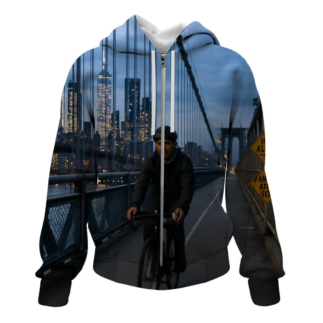 Cyclist Crossing Manhattan Bridge With Skyline Through Cables graphic hoodies