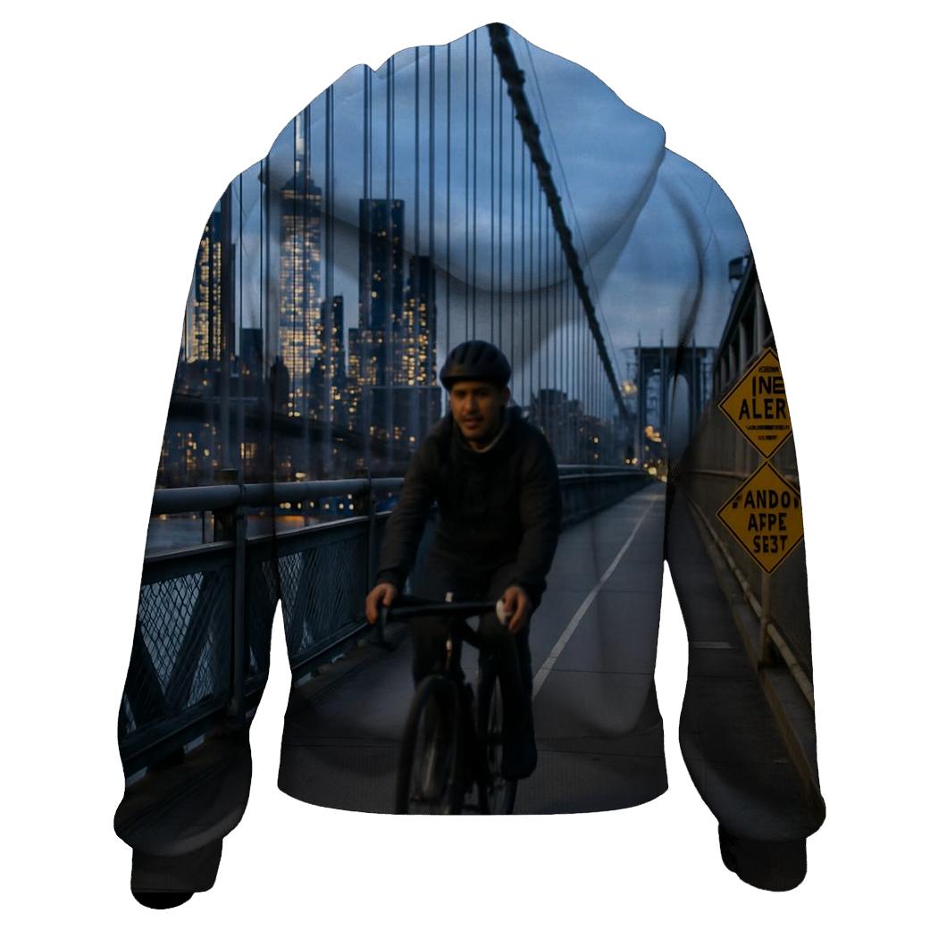 Cyclist Crossing Manhattan Bridge With Skyline Through Cables graphic hoodies