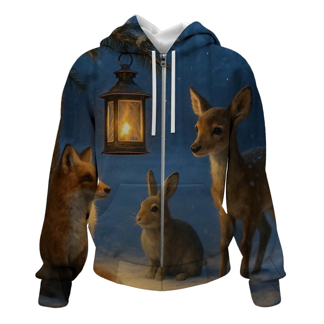 Snowy Forest Lantern With Woodland Visitors hoodie designs