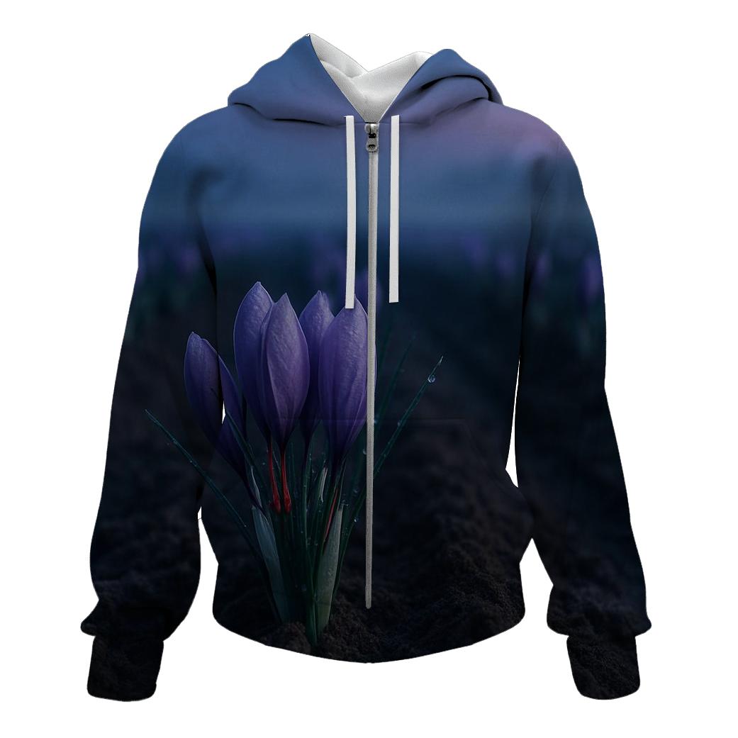 Saffron Crocus Rows In Pre Dawn Harvest Field graphic hoodies