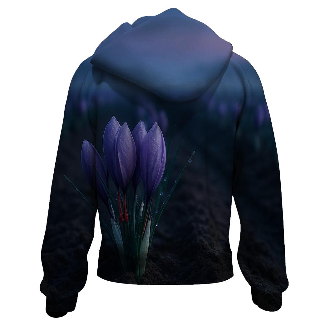 Saffron Crocus Rows In Pre Dawn Harvest Field graphic hoodies