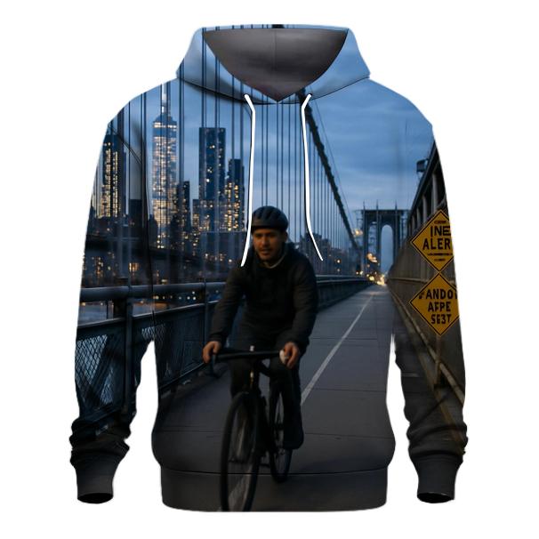 Cyclist Crossing Manhattan Bridge With Skyline Through Cables graphic hoodies