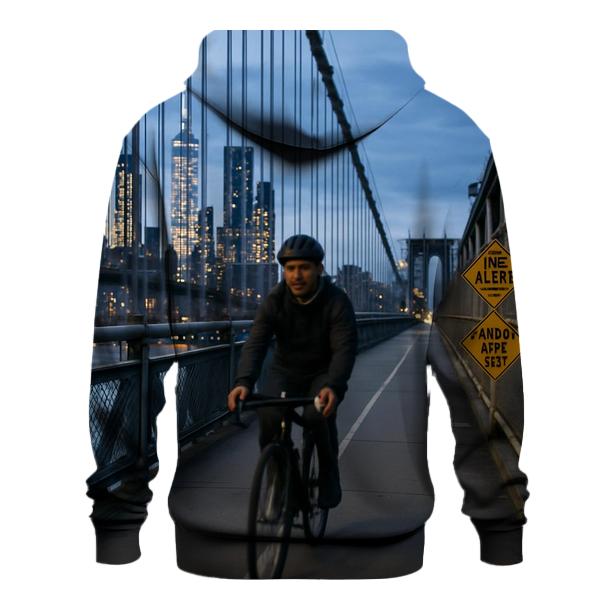 Cyclist Crossing Manhattan Bridge With Skyline Through Cables graphic hoodies