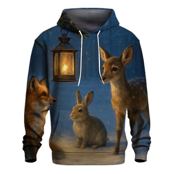 Snowy Forest Lantern With Woodland Visitors printed hoodies