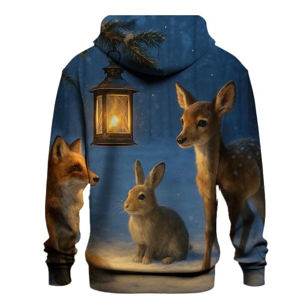 Snowy Forest Lantern With Woodland Visitors printed hoodies