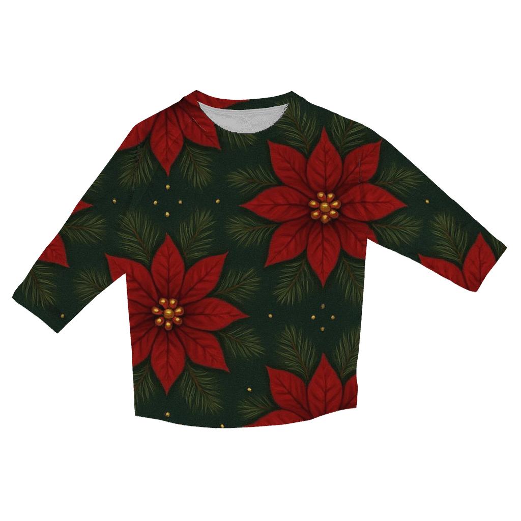 Crimson Poinsettia Starburst Tessellation On Deep Green Background fashion 3/4 sleeve shirts