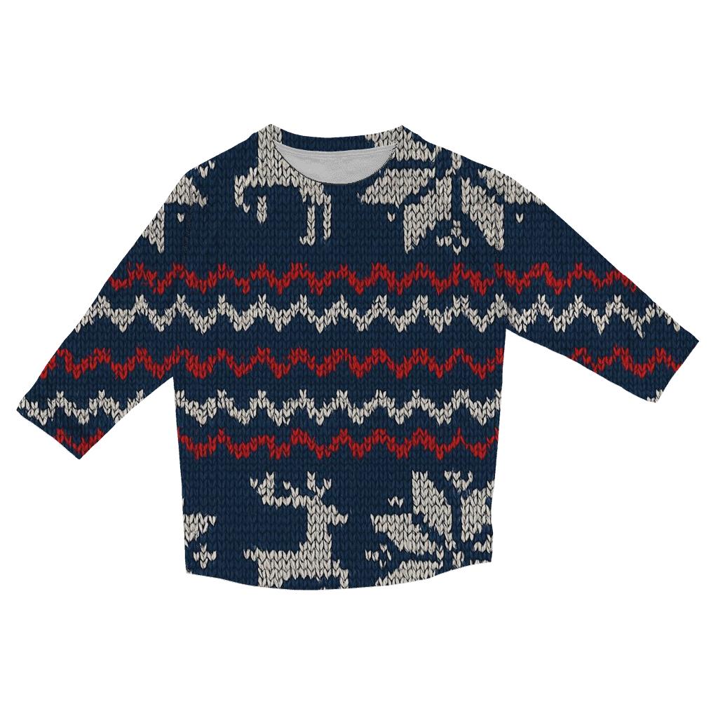 Nordic Knit Snowflake Grid On Navy Blue Background casual three quarter sleeve shirts