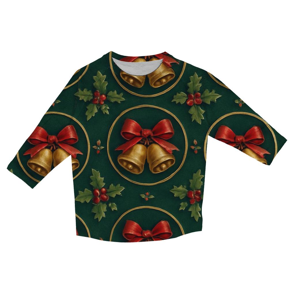 Festive Bell And Ribbon Medallions On Emerald Background stylish quarter sleeve tops