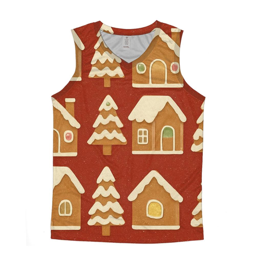 Gingerbread House Block Print Tiles On Warm Red Background custom tank tops