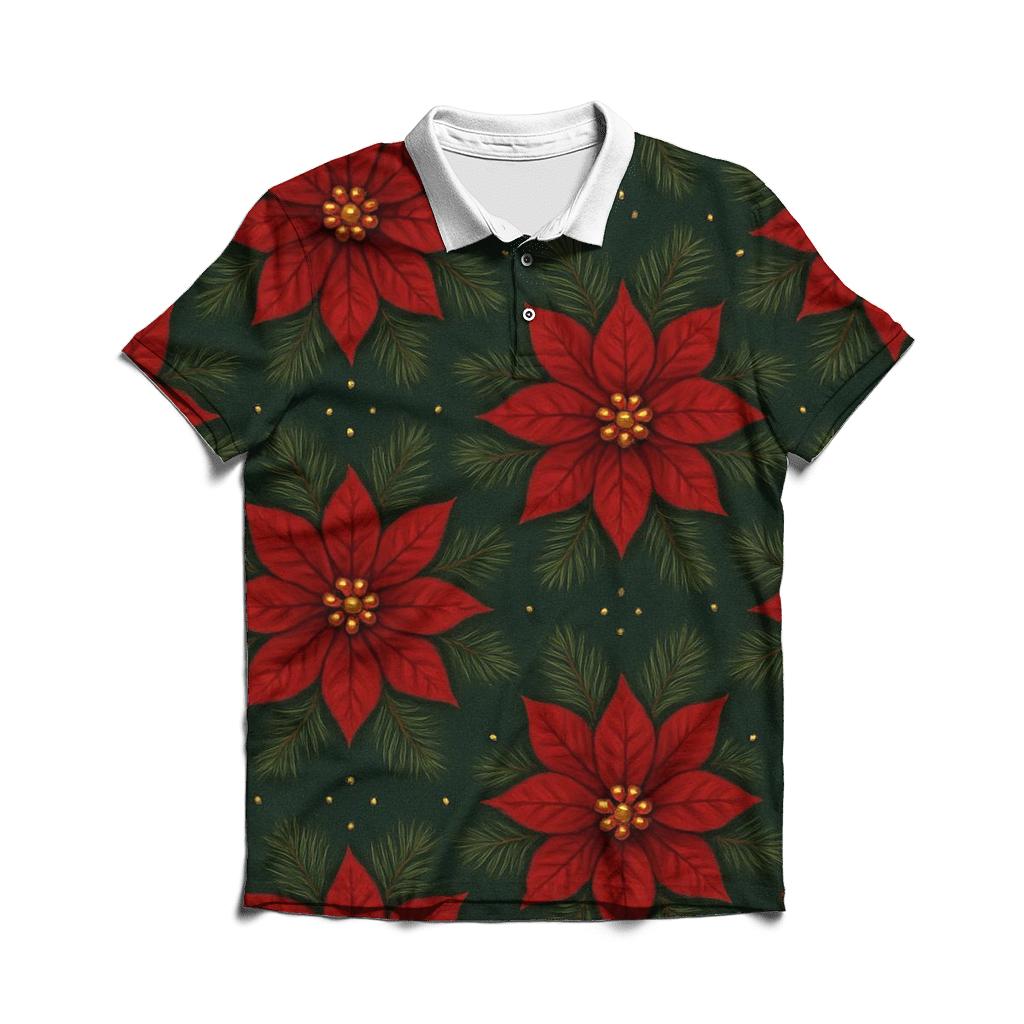 Crimson Poinsettia Starburst Tessellation On Deep Green Background personalized polo shirts