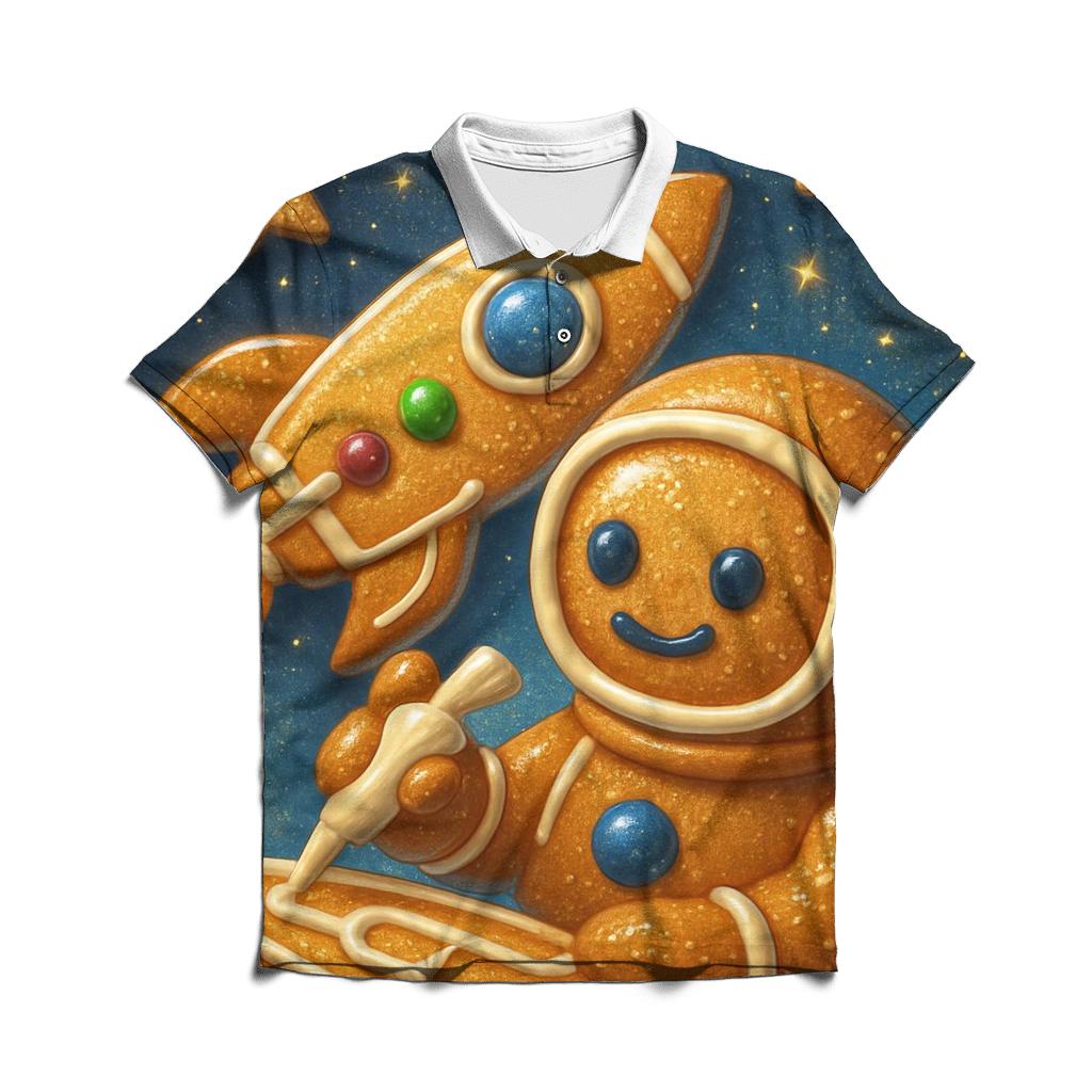 Gingerbread Astronaut Building A Cookie Rocket premium cotton polo shirts