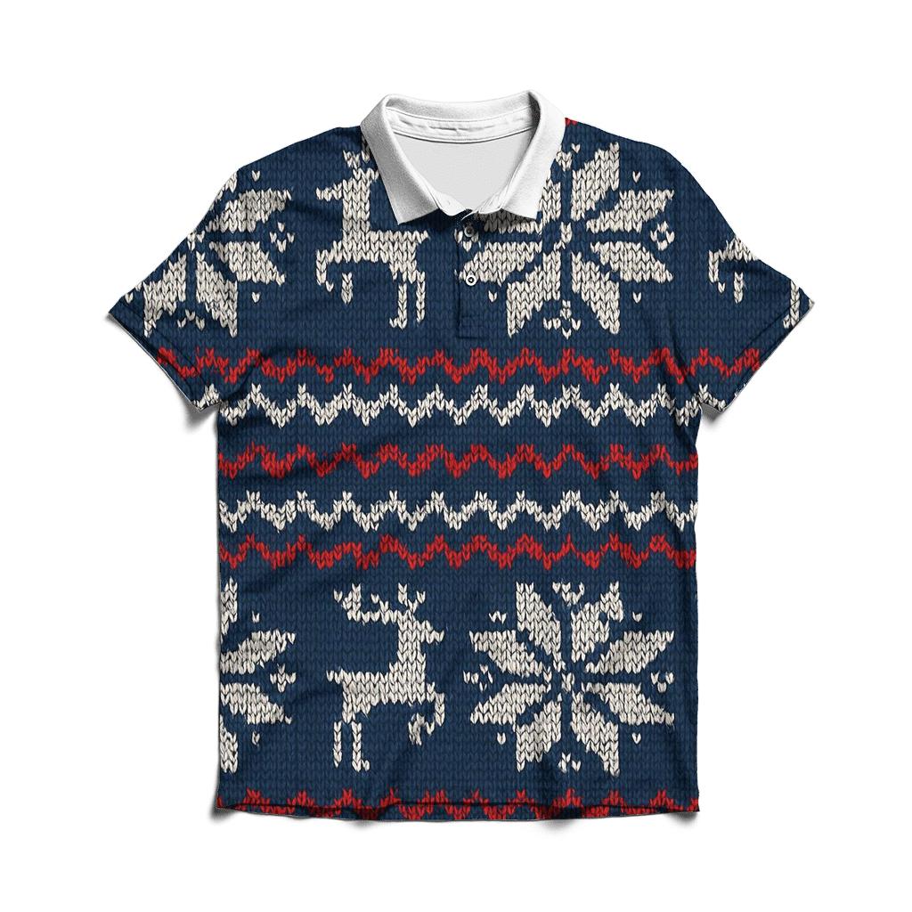 Nordic Knit Snowflake Grid On Navy Blue Background casual sports polo shirts