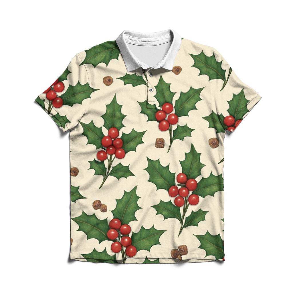 Holly And Berry Scatter Rhythm On Cream Background embroidered polo tops