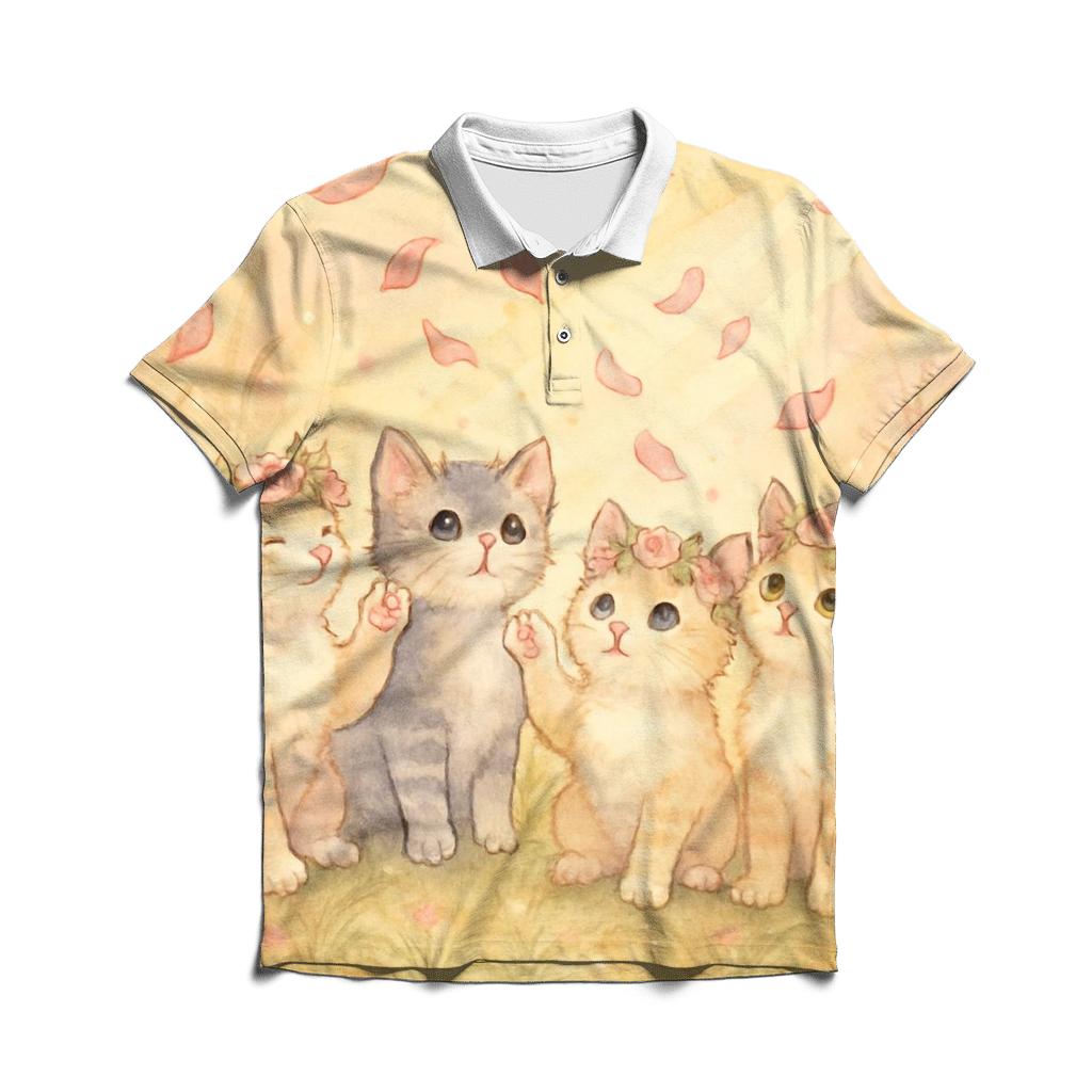 Sunrise Meadow Flower Crown Cats designer slim fit polos