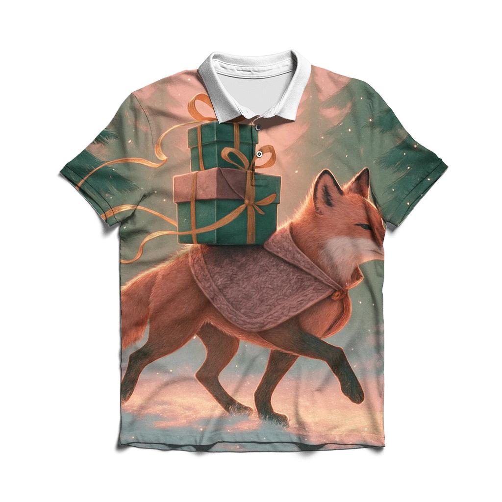 Winter Woodland Fox Delivering Wrapped Presents personalized polo shirts