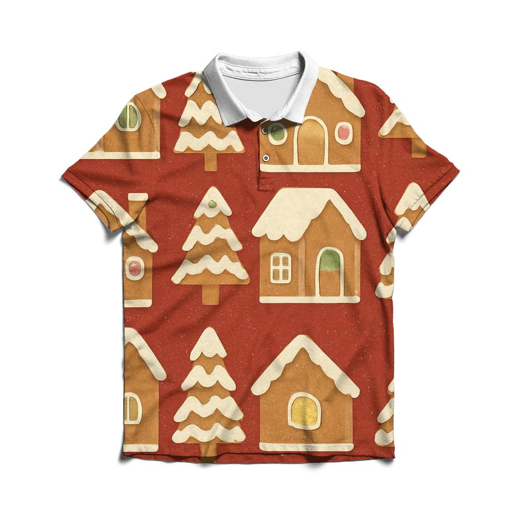 Gingerbread House Block Print Tiles On Warm Red Background classic pique polos