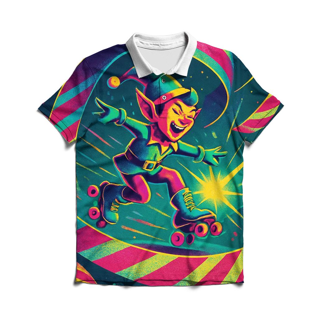 Elf Roller Skating Through Gift Wrap Ribbons branded logo polo shirts