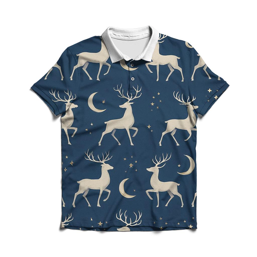 Reindeer Silhouette Moonlit Repeat On Indigo Background designer slim fit polos