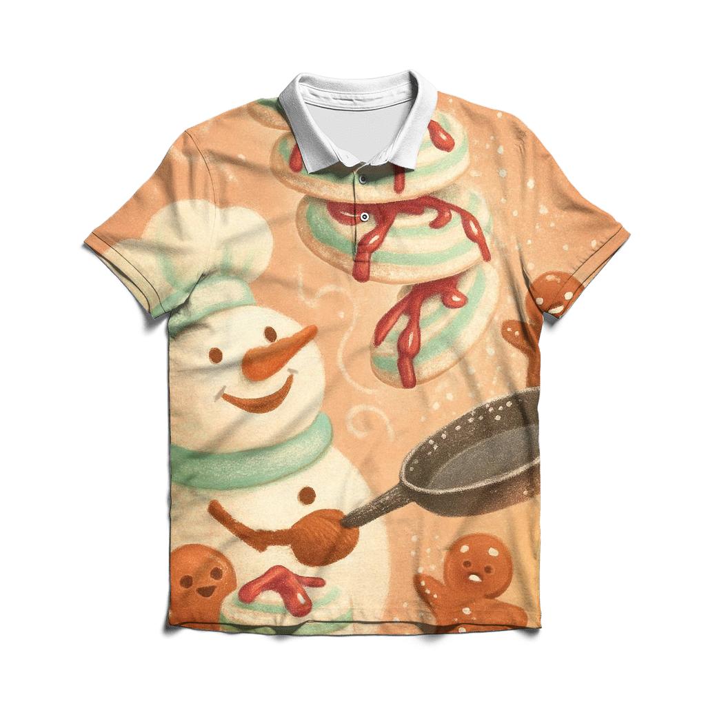 Snowman Chef Tossing Peppermint Pancakes casual sports polo shirts