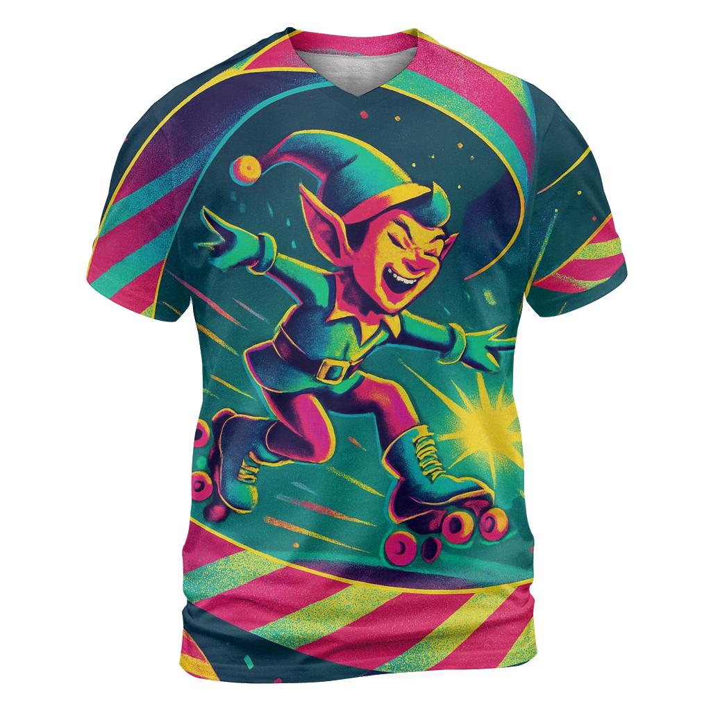 Elf Roller Skating Through Gift Wrap Ribbons statement graphic shirts