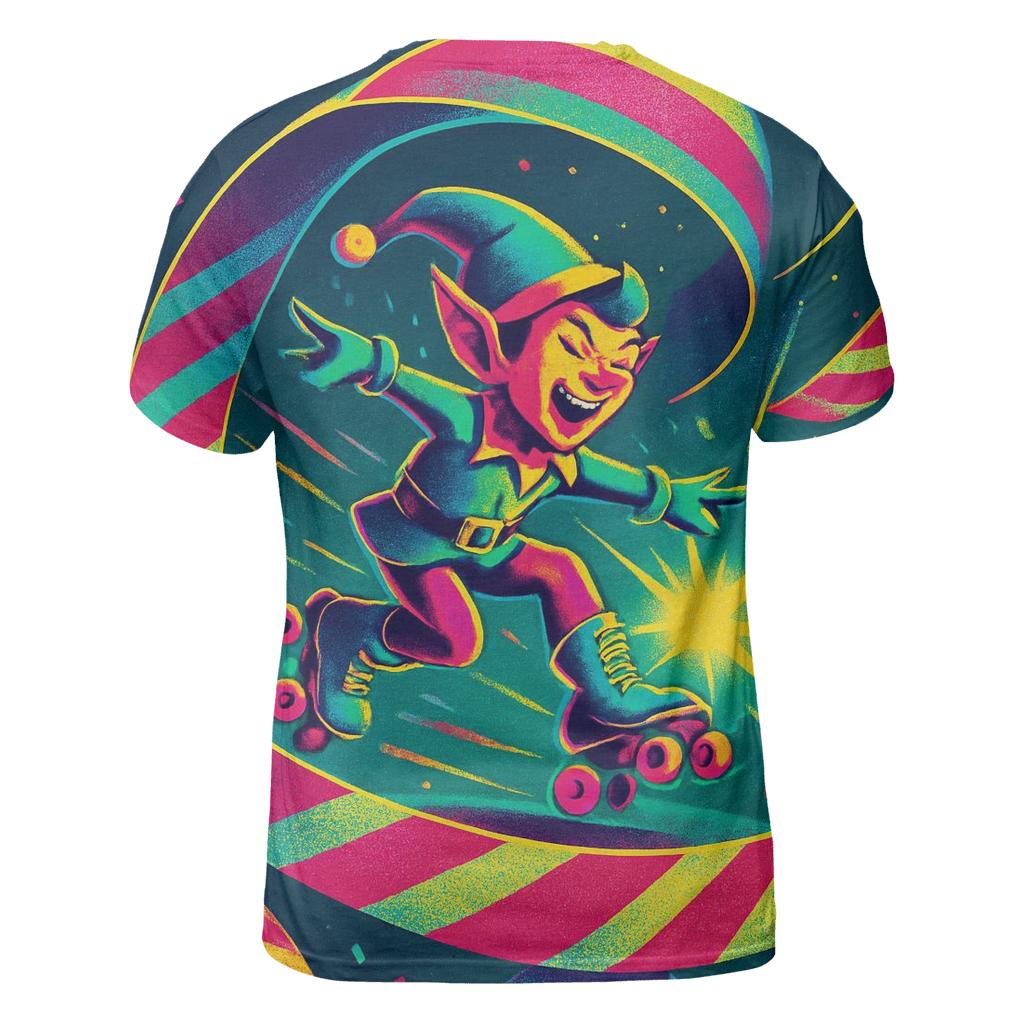 Elf Roller Skating Through Gift Wrap Ribbons statement graphic shirts