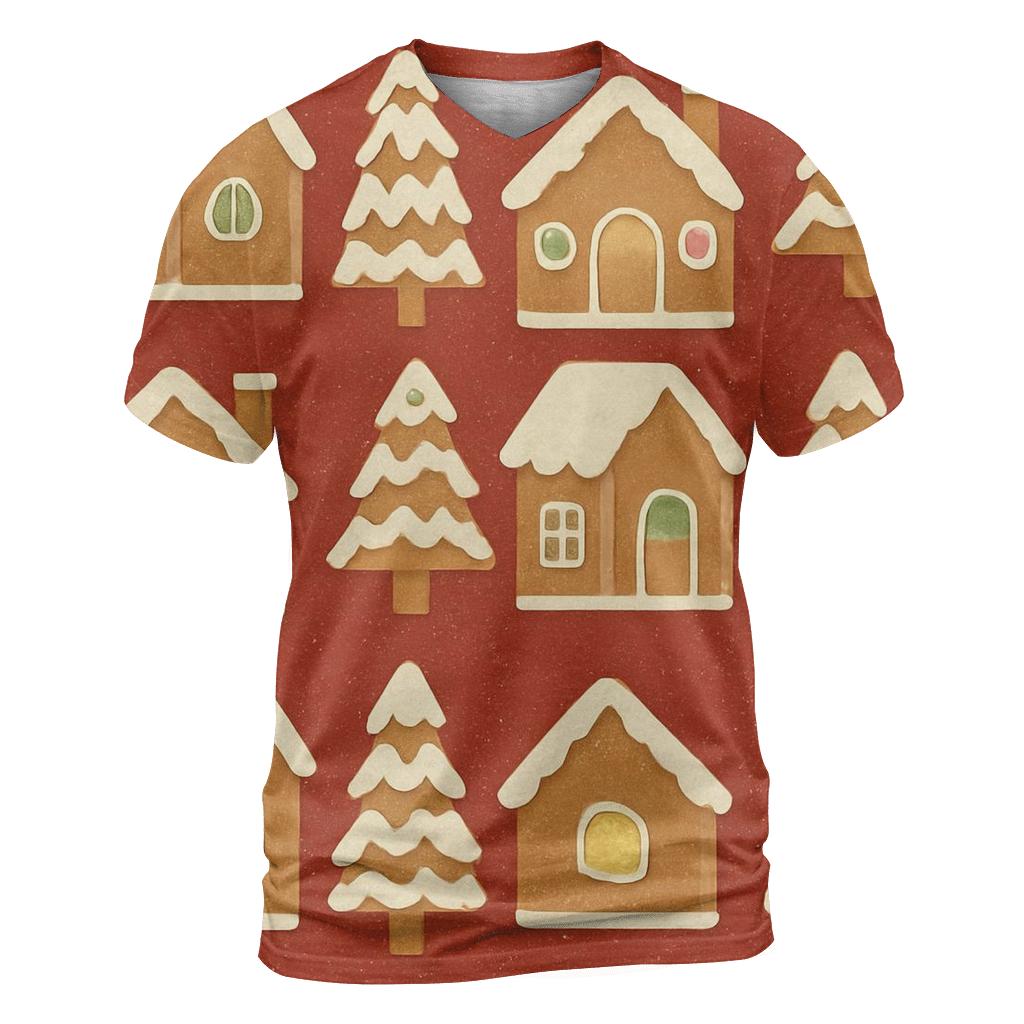 Gingerbread House Block Print Tiles On Warm Red Background designer pattern shirts