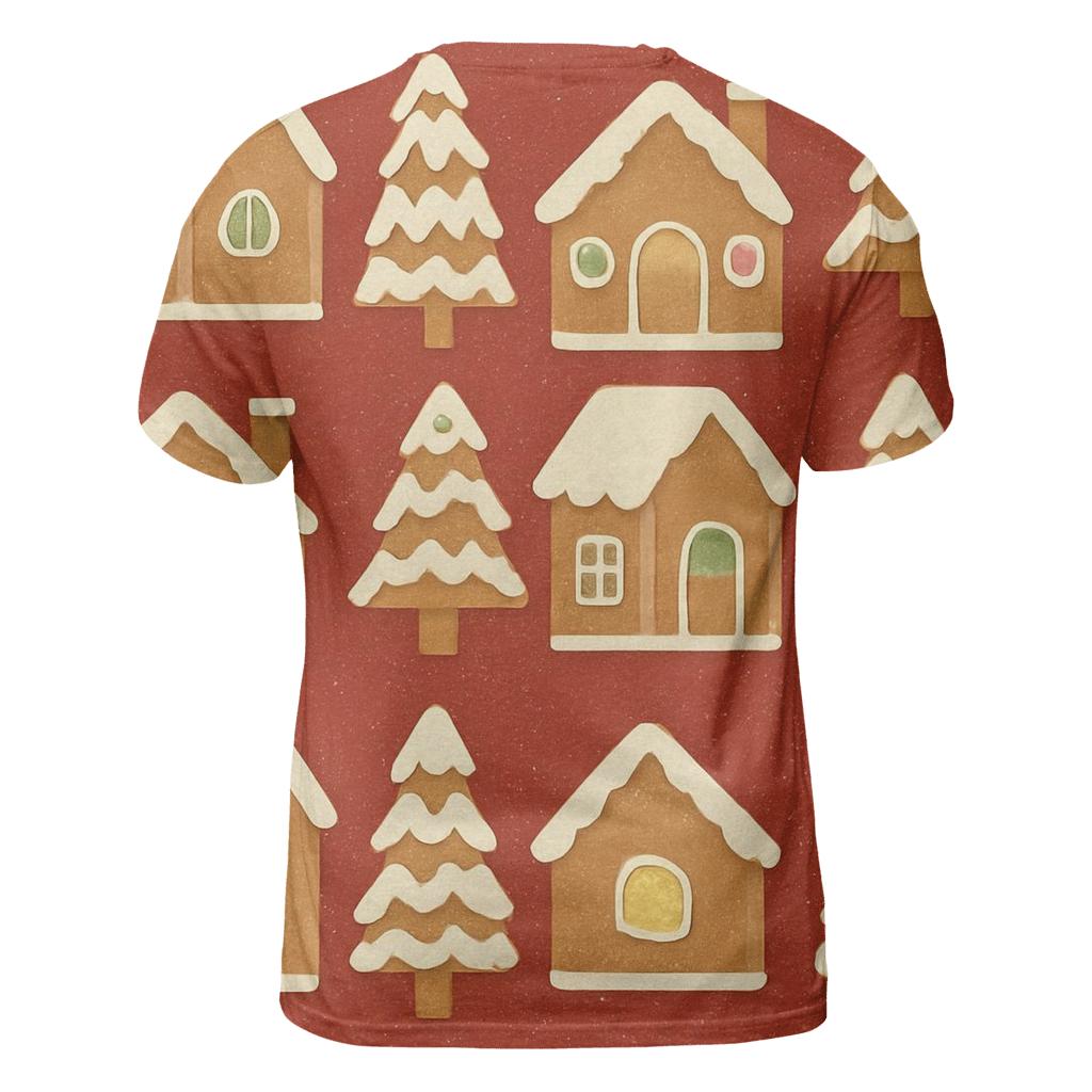 Gingerbread House Block Print Tiles On Warm Red Background designer pattern shirts