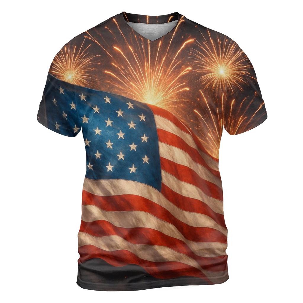 Fireworks Crown Flag Burst vibrant all-over design tees