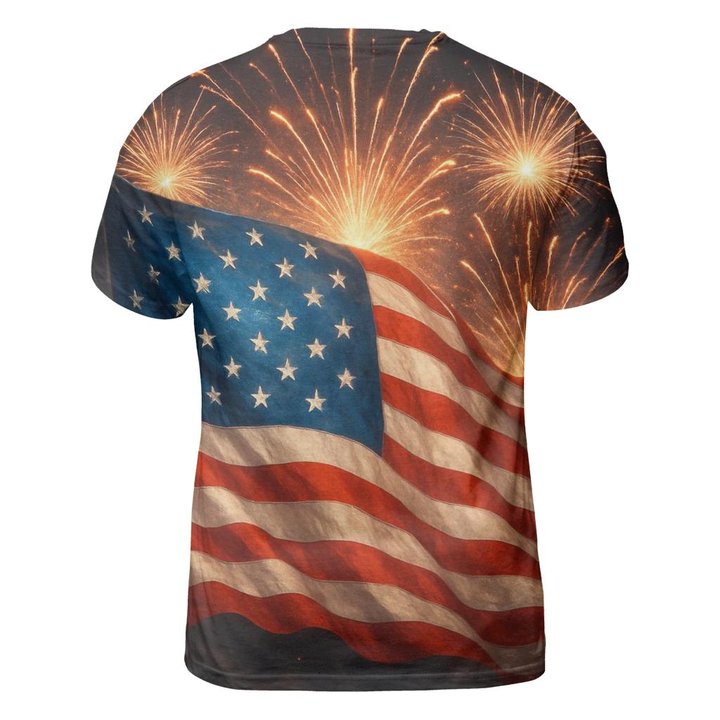 Fireworks Crown Flag Burst vibrant all-over design tees
