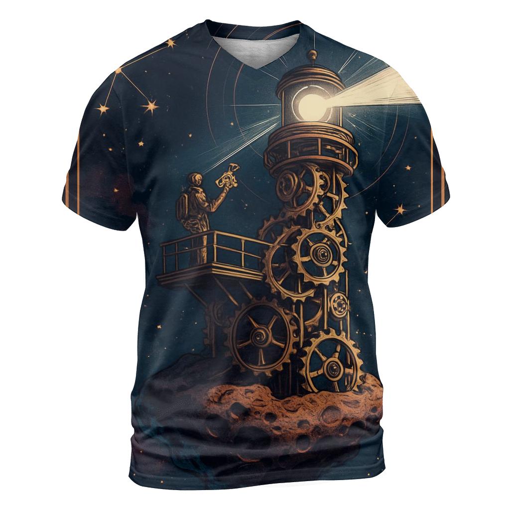Clockwork Quasar Lighthouse vibrant all-over design tees