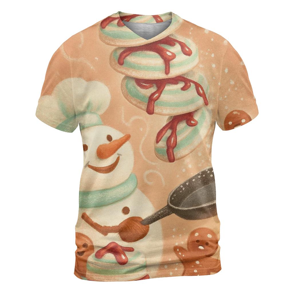 Snowman Chef Tossing Peppermint Pancakes creative print fashion shirts