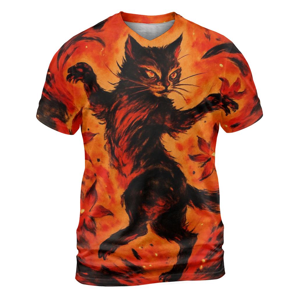Volcanic Ember Dancer Cat vibrant all-over design tees