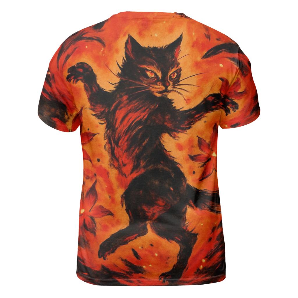 Volcanic Ember Dancer Cat vibrant all-over design tees