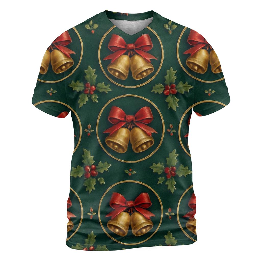 Festive Bell And Ribbon Medallions On Emerald Background creative print fashion shirts