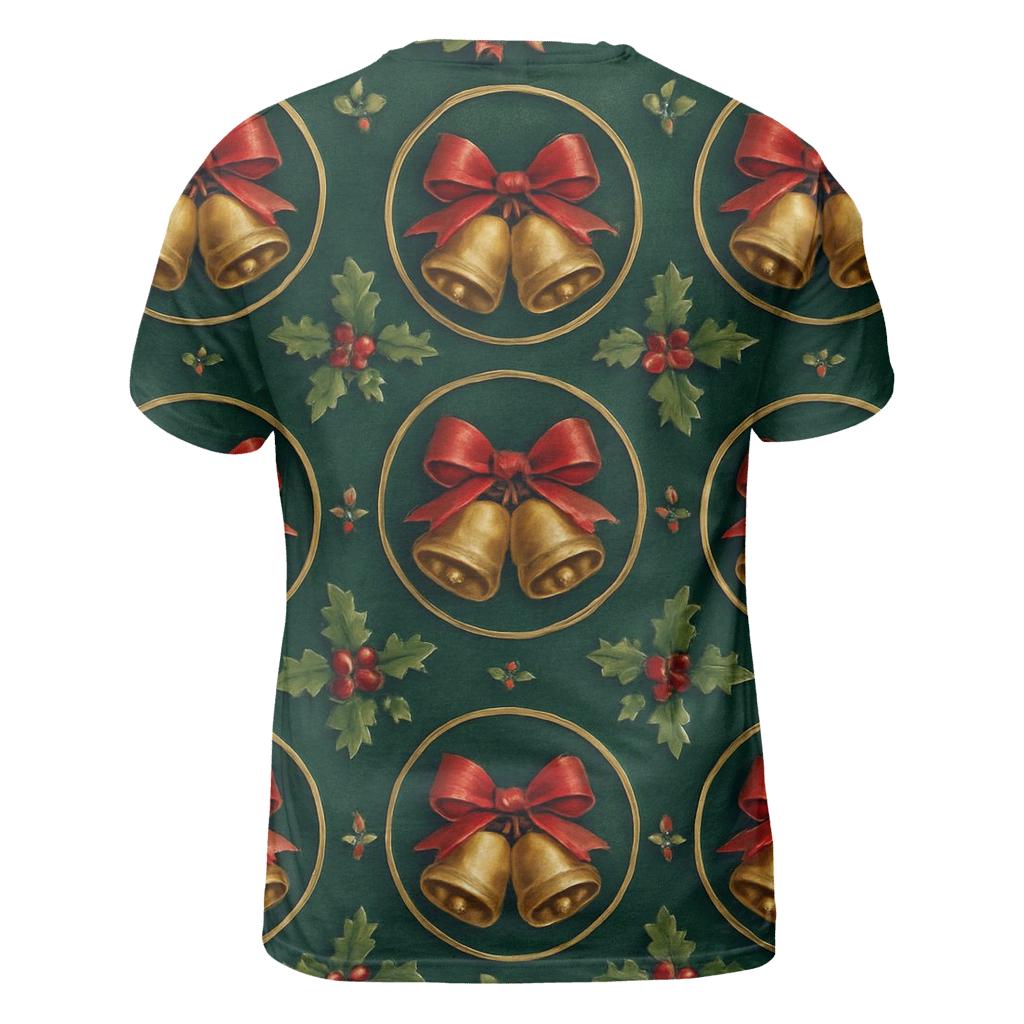 Festive Bell And Ribbon Medallions On Emerald Background creative print fashion shirts