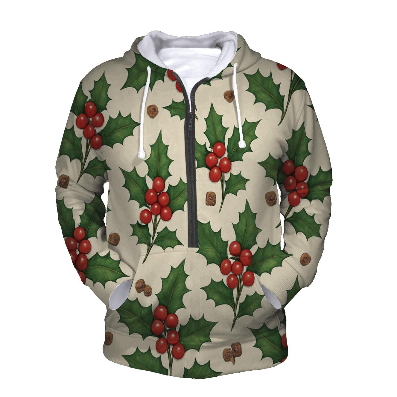 Holly And Berry Scatter Rhythm On Cream Background premium hoodies